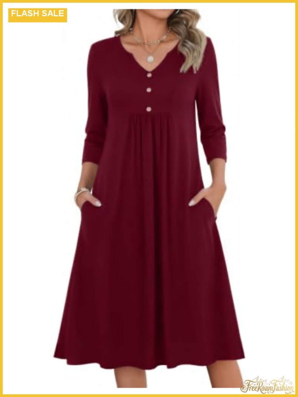 3/4 Sleeve A-Line Midi Dress with Pockets V-Neck Empire Waist Casual